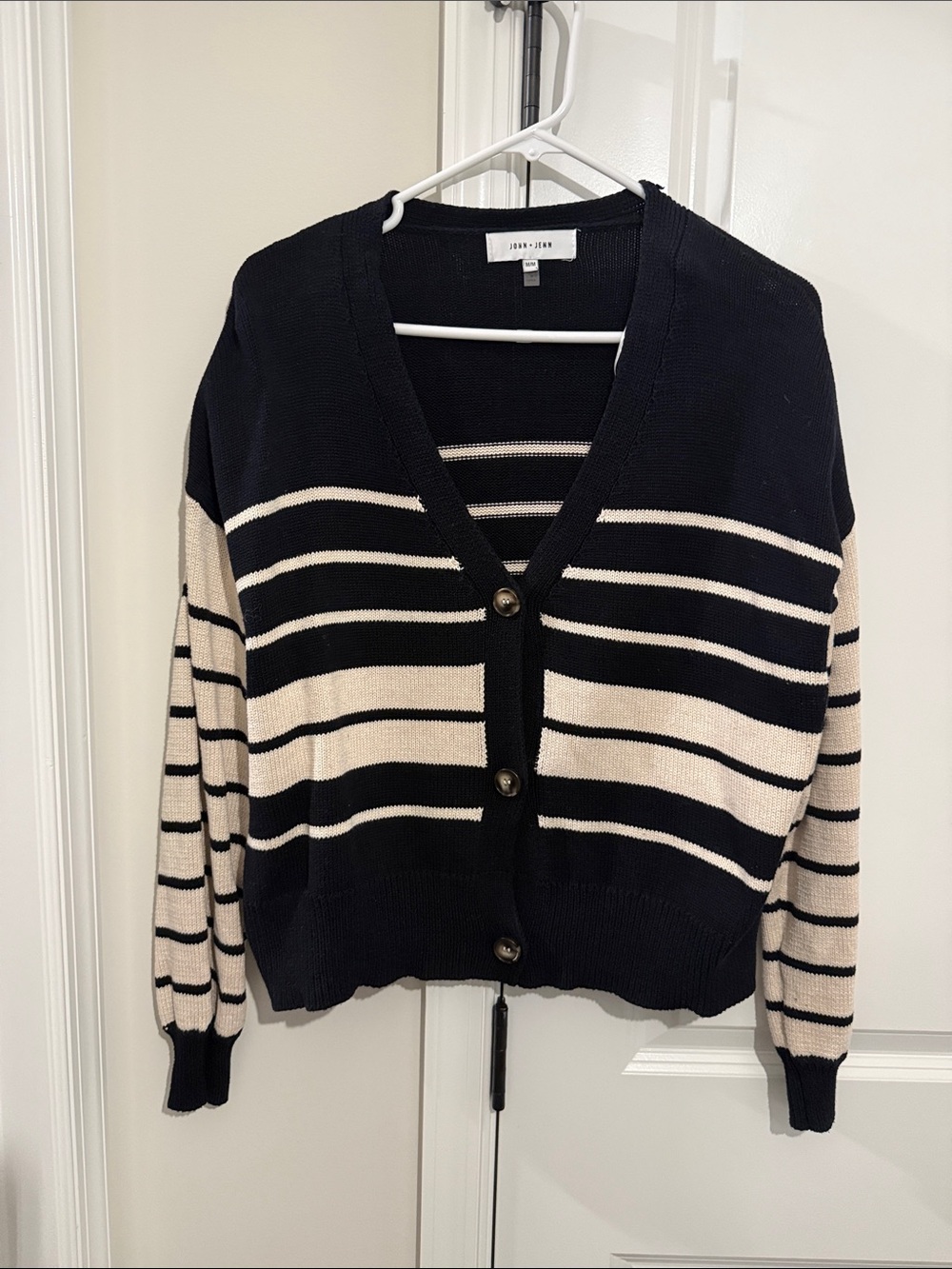 John + Jenn Navy and Cream Striped V-Neck Button Cardigan